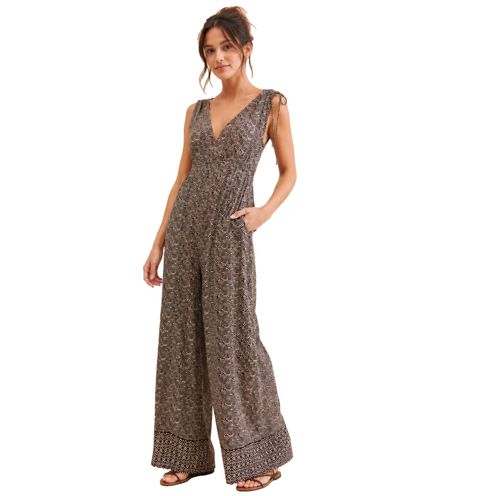 NWT Bila 77 Jumpsuit Womens Large Rayon Wide Leg Flowy Beige and Black Camden